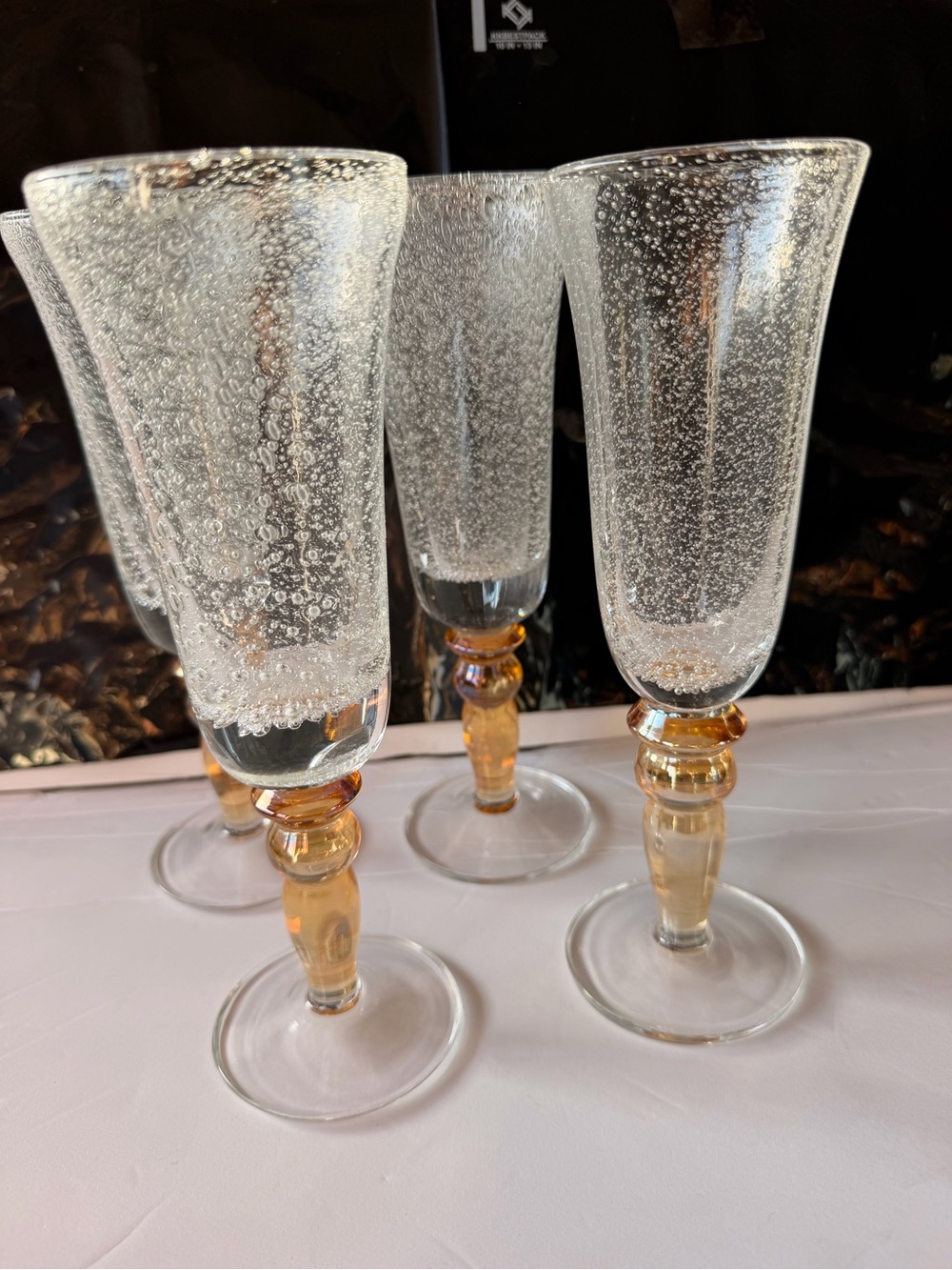 4-Pottery Barn Bubble Art Glass  9.25'' tall flutes champagne - Amber stem
